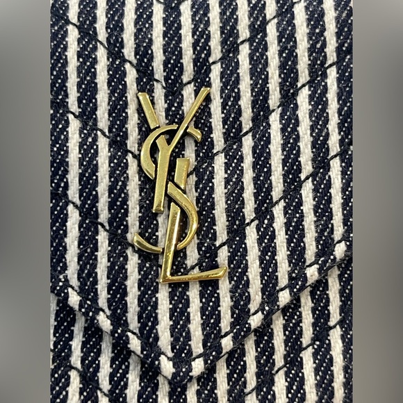 Saint Laurent YSL Monogram Striped Denim Joe Crossbody Chain Bucket Bag - Picture 2 of 8